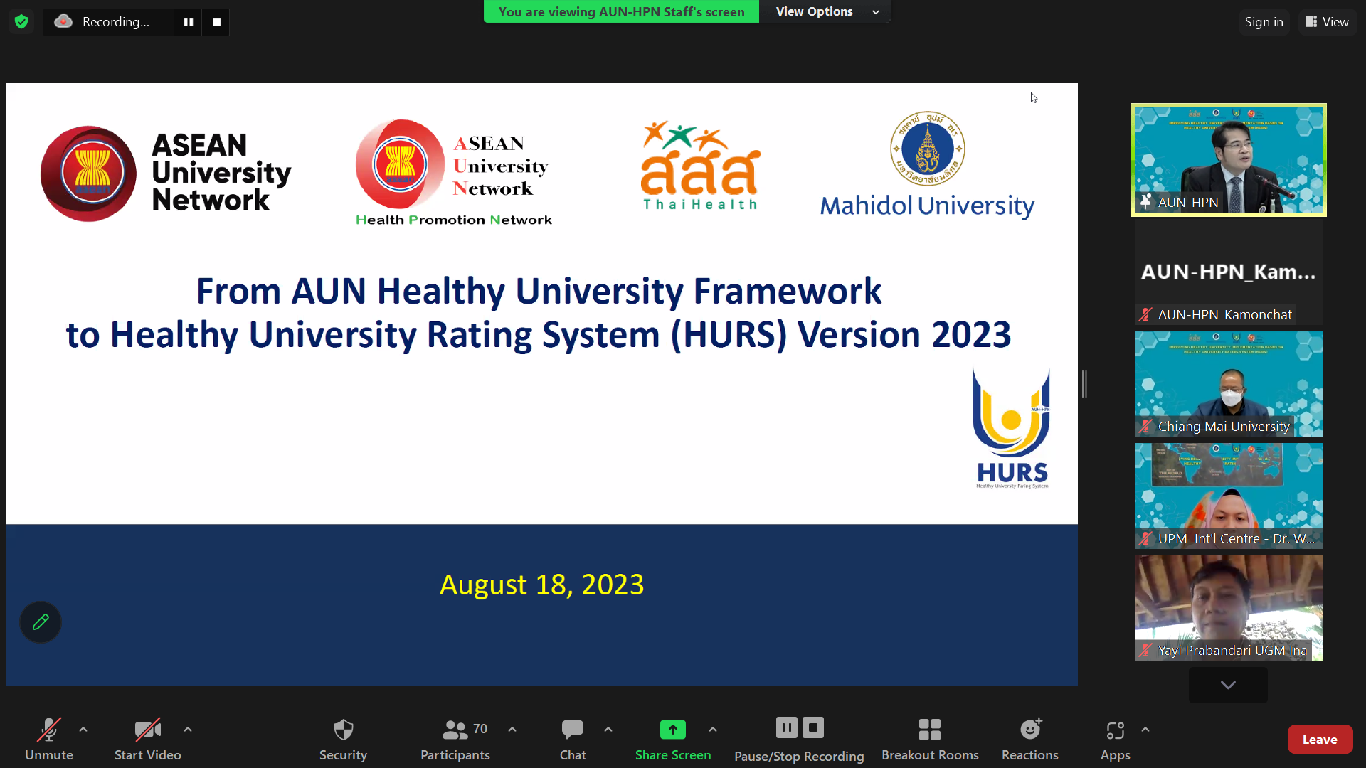 Workshop: “Improving Healthy University Implementation based on Healthy University Rating System (HURS)”
